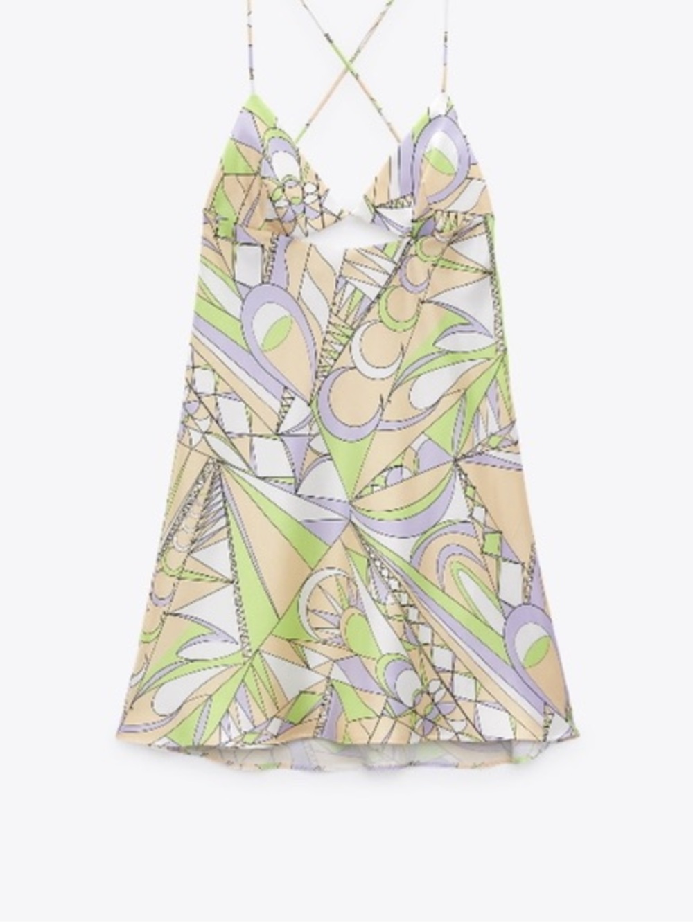 Zara Satin Cut Out Center Yellow Lilac Lime Pattern Mini Dress Medium - Picture 3 of 7